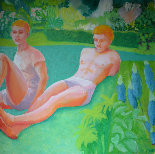Ginger boys with blue lupins - Oil painting